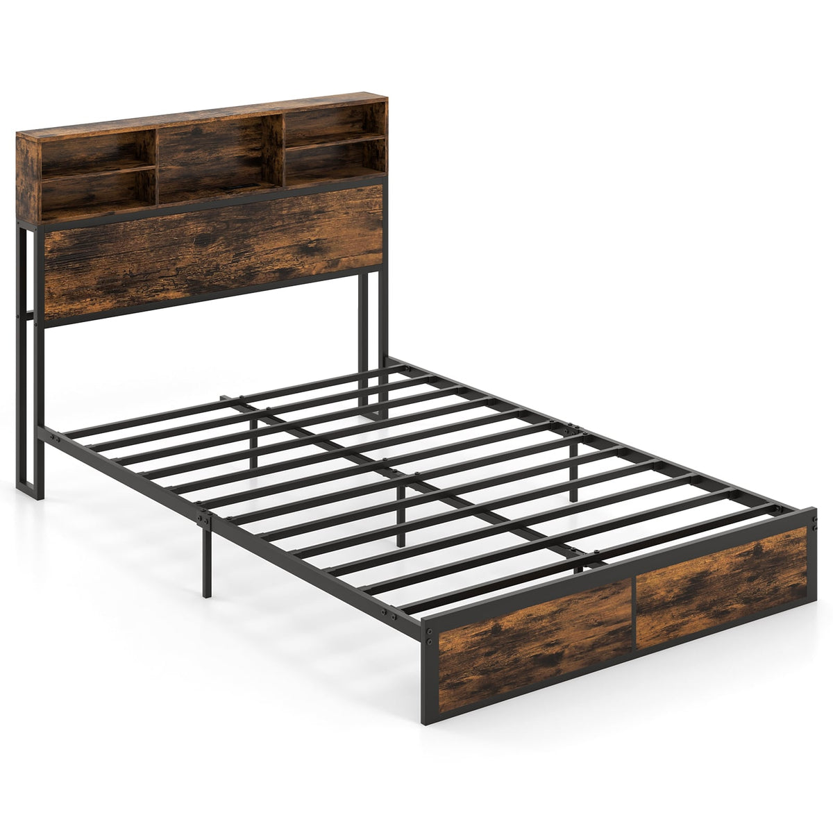 Twin/Full/Queen/King Size Bed Frame with Storage Headboard Industrial Metal Platform Bed-Full Size-Simple Bed Frame-DECOROLALA
