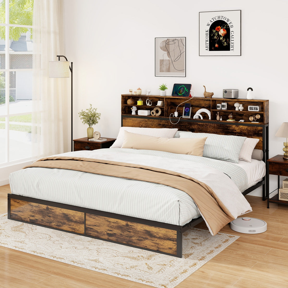 Twin/Full/Queen/King Size Bed Frame with Storage Headboard Industrial Metal Platform Bed-King Size-Simple Bed Frame-DECOROLALA
