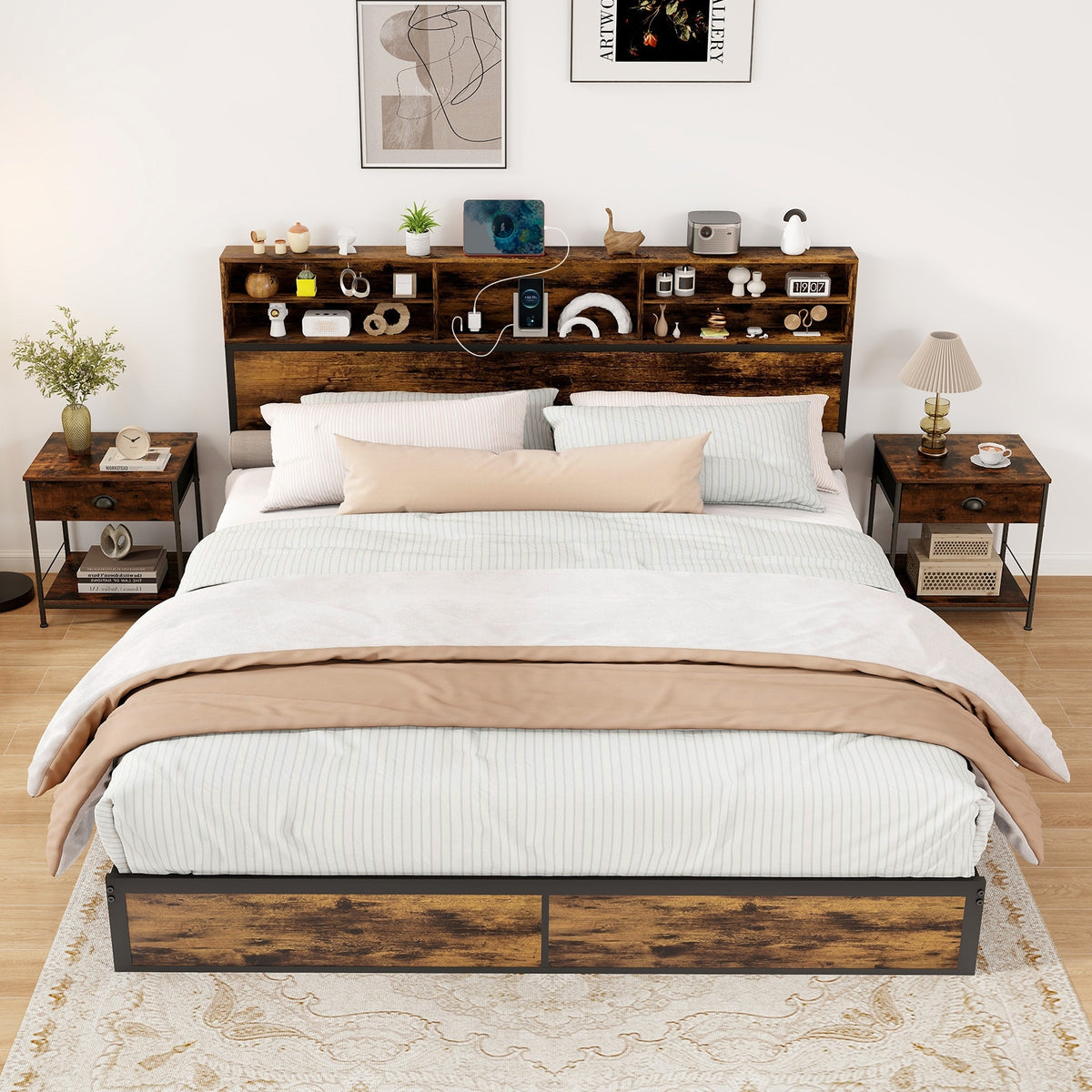 Twin/Full/Queen/King Size Bed Frame with Storage Headboard Industrial Metal Platform Bed-King Size-Simple Bed Frame-DECOROLALA