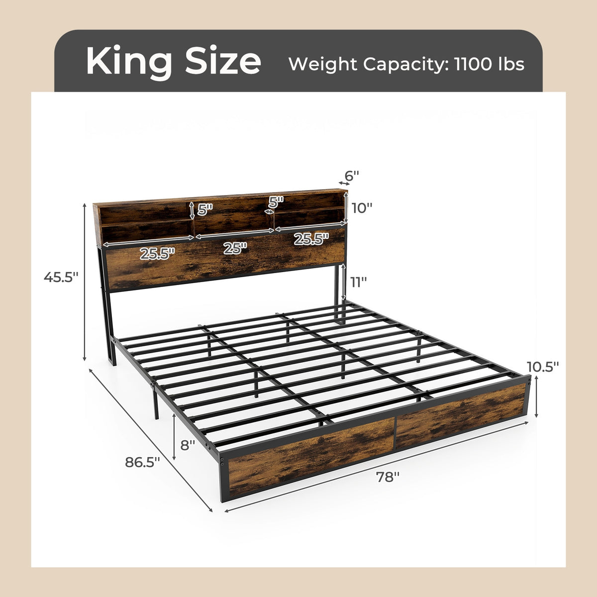 Twin/Full/Queen/King Size Bed Frame with Storage Headboard Industrial Metal Platform Bed-King Size-Simple Bed Frame-DECOROLALA