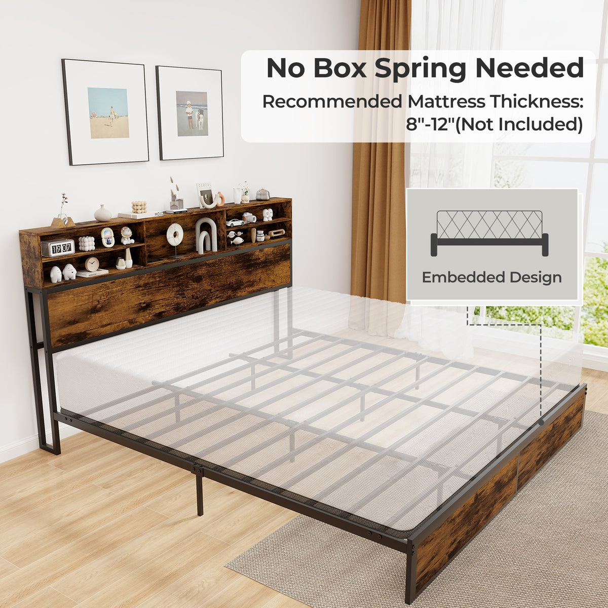 Twin/Full/Queen/King Size Bed Frame with Storage Headboard Industrial Metal Platform Bed-King Size-Simple Bed Frame-DECOROLALA