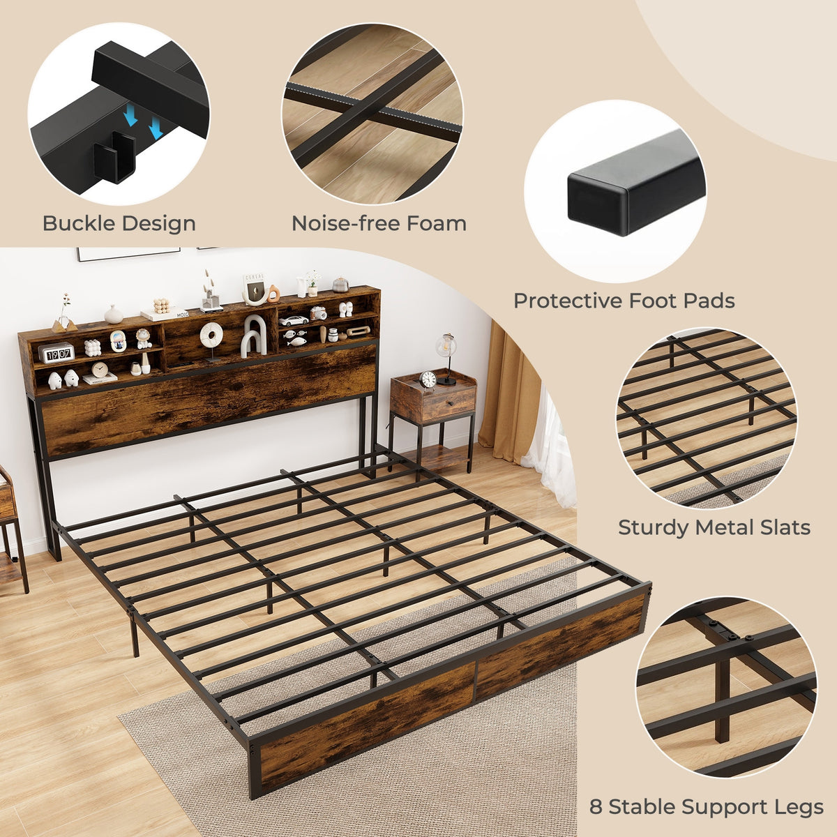 Twin/Full/Queen/King Size Bed Frame with Storage Headboard Industrial Metal Platform Bed-King Size-Simple Bed Frame-DECOROLALA