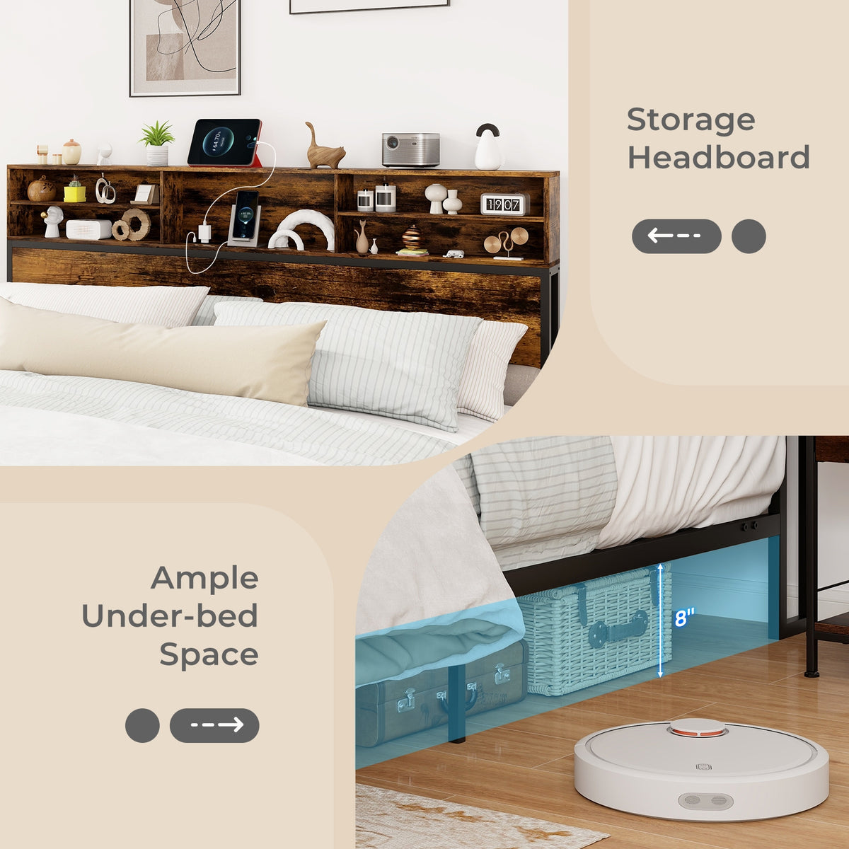 Twin/Full/Queen/King Size Bed Frame with Storage Headboard Industrial Metal Platform Bed-King Size-Simple Bed Frame-DECOROLALA