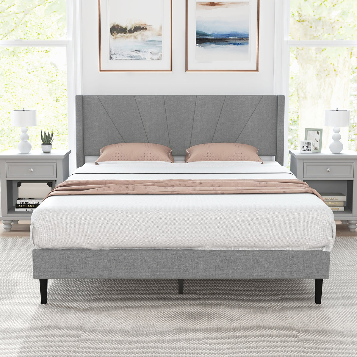 Twin/Queen Bed Frame with Linen Upholstered Wingback Headboard-Queen Size-Simple Bed Frame-DECOROLALA