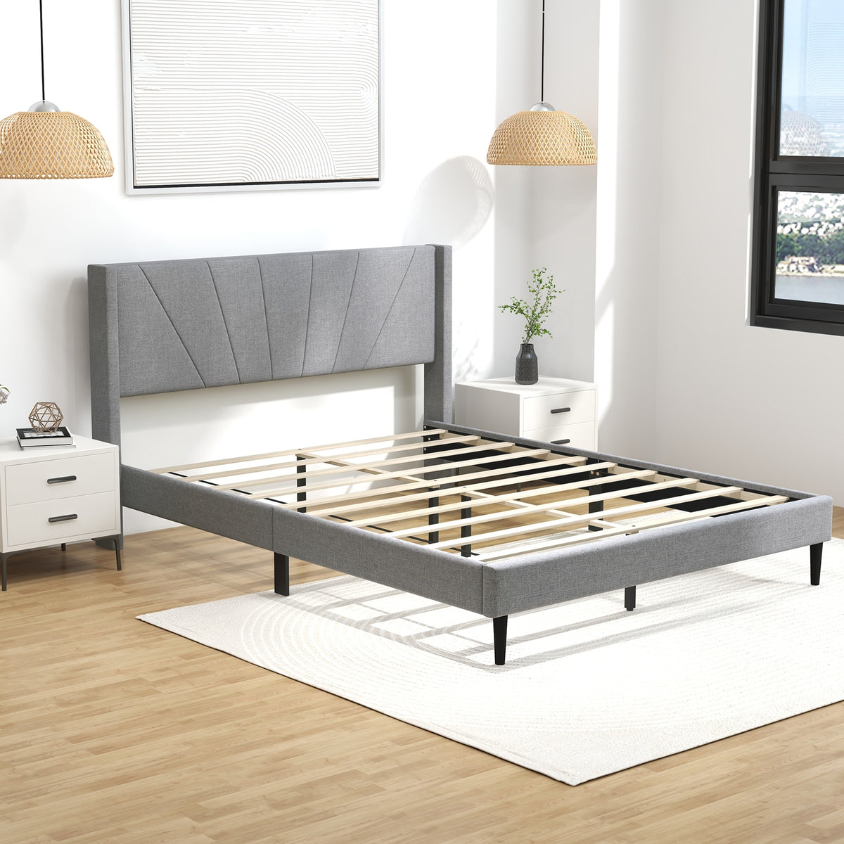Twin/Queen Bed Frame with Linen Upholstered Wingback Headboard-Queen Size-Simple Bed Frame-DECOROLALA