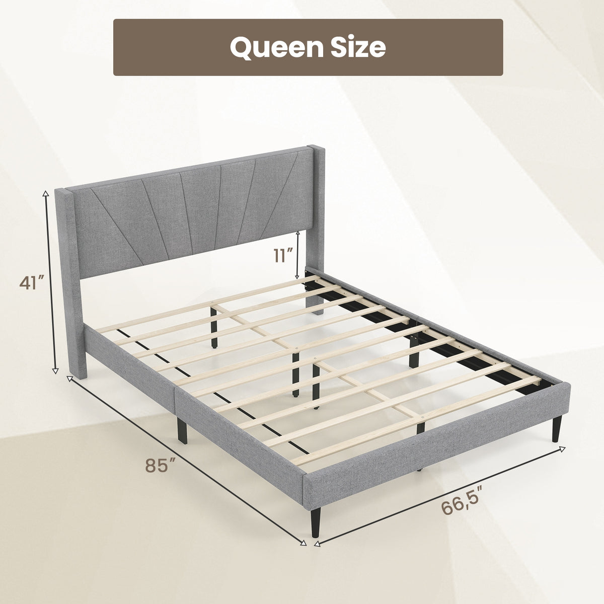 Twin/Queen Bed Frame with Linen Upholstered Wingback Headboard-Queen Size-Simple Bed Frame-DECOROLALA