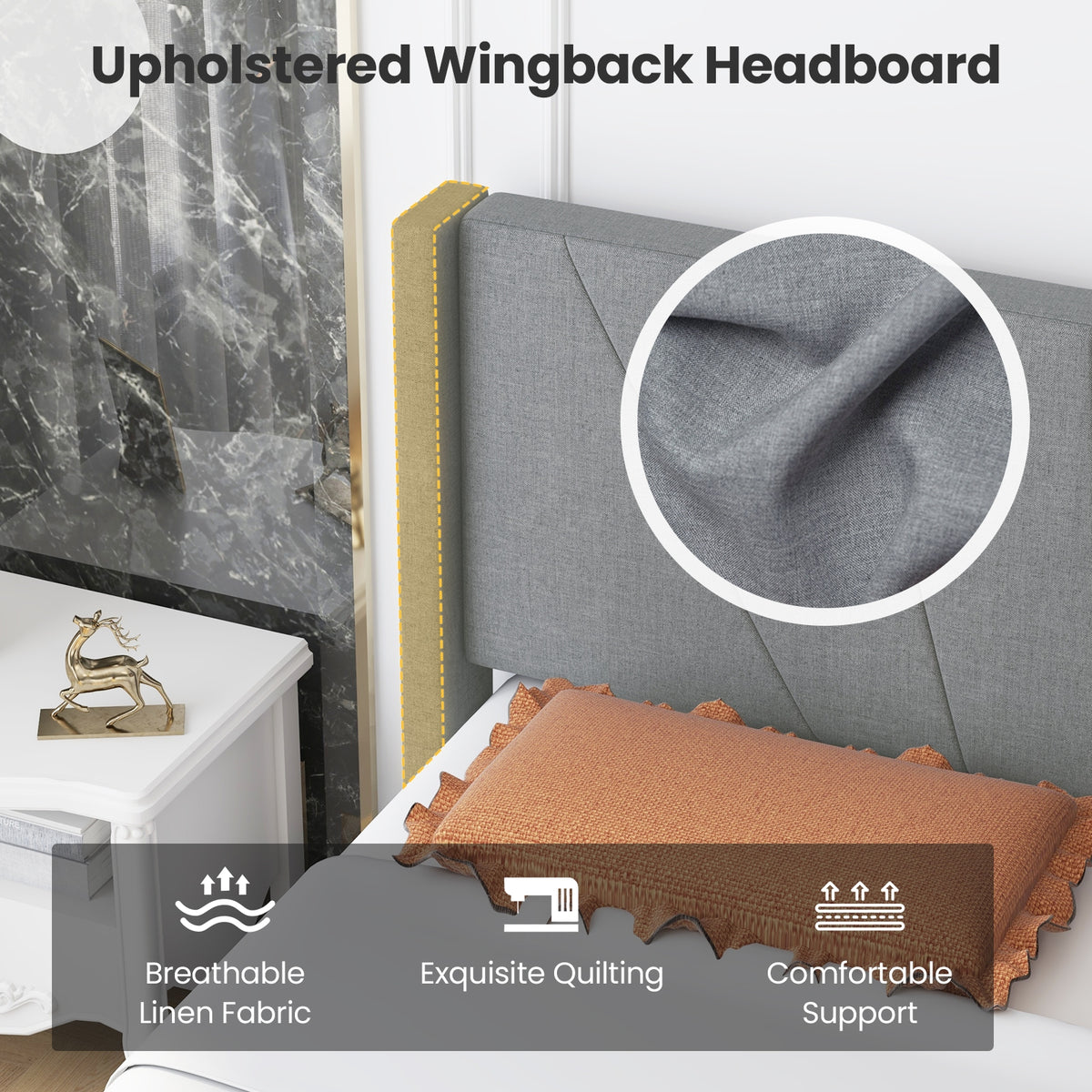 Twin/Queen Bed Frame with Linen Upholstered Wingback Headboard-Queen Size-Simple Bed Frame-DECOROLALA