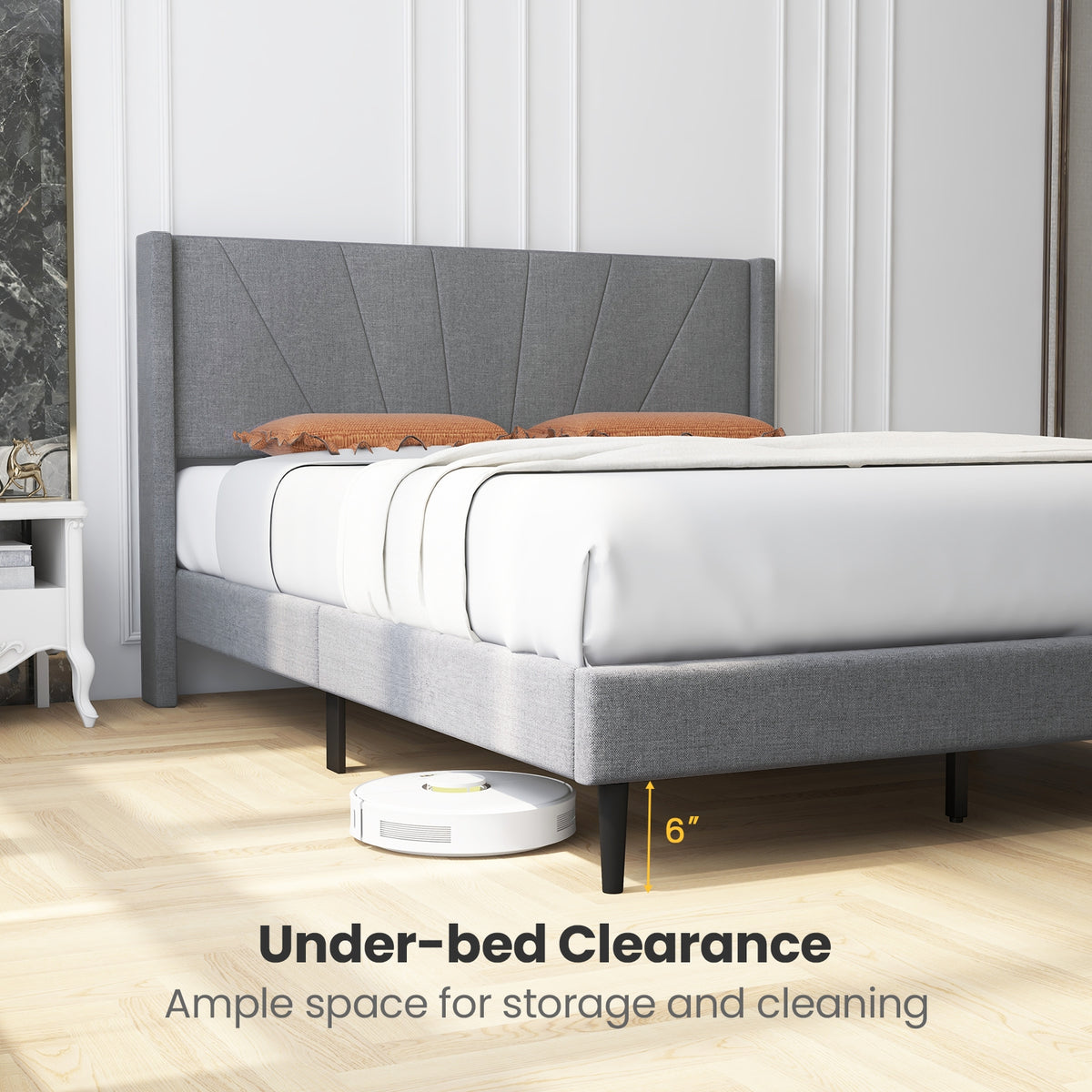 Twin/Queen Bed Frame with Linen Upholstered Wingback Headboard-Queen Size-Simple Bed Frame-DECOROLALA