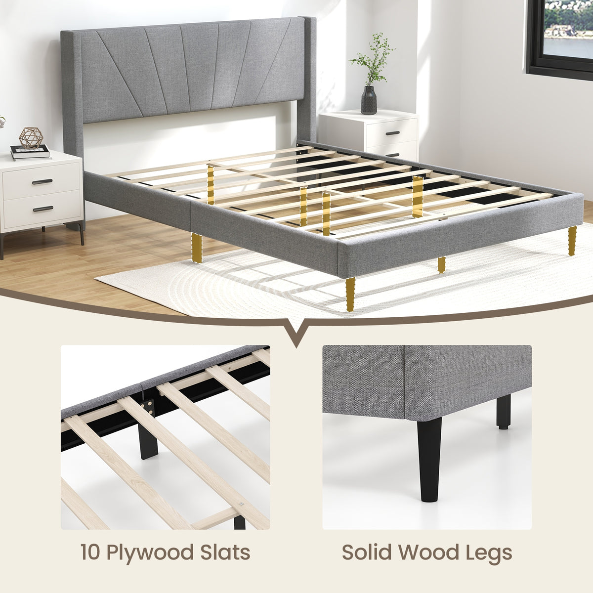 Twin/Queen Bed Frame with Linen Upholstered Wingback Headboard-Queen Size-Simple Bed Frame-DECOROLALA