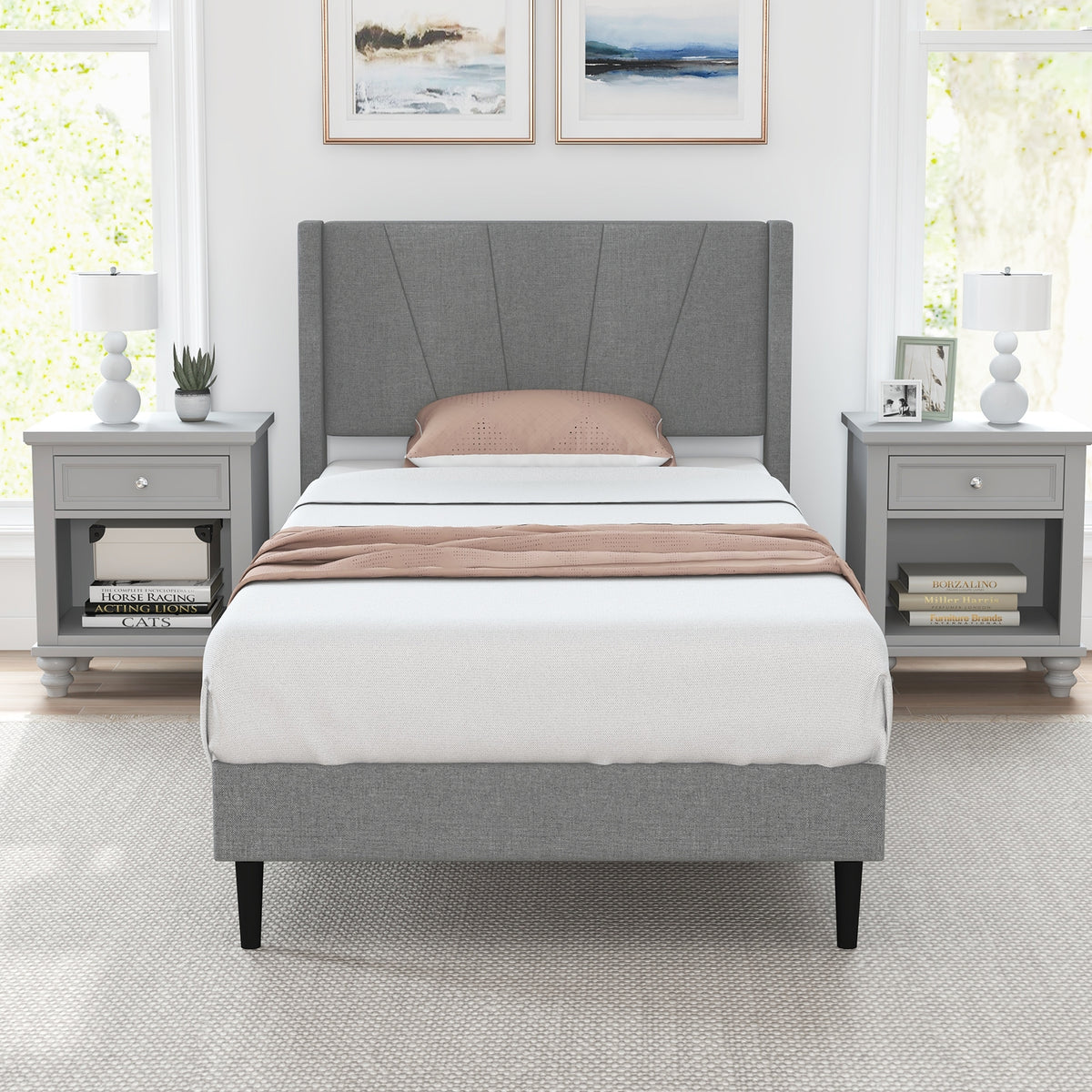 Twin/Queen Bed Frame with Linen Upholstered Wingback Headboard-Twin Size-Simple Bed Frame-DECOROLALA