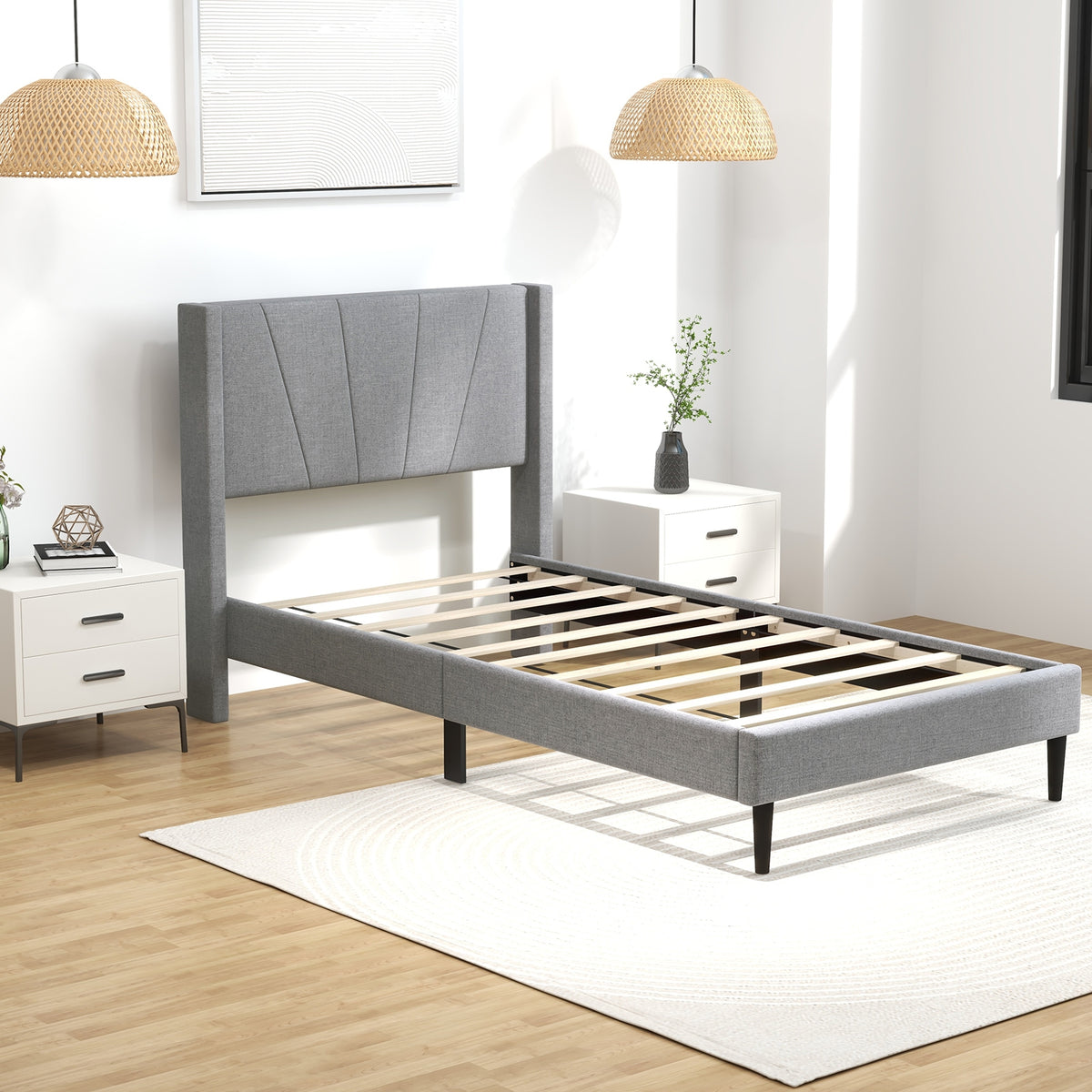 Twin/Queen Bed Frame with Linen Upholstered Wingback Headboard-Twin Size-Simple Bed Frame-DECOROLALA