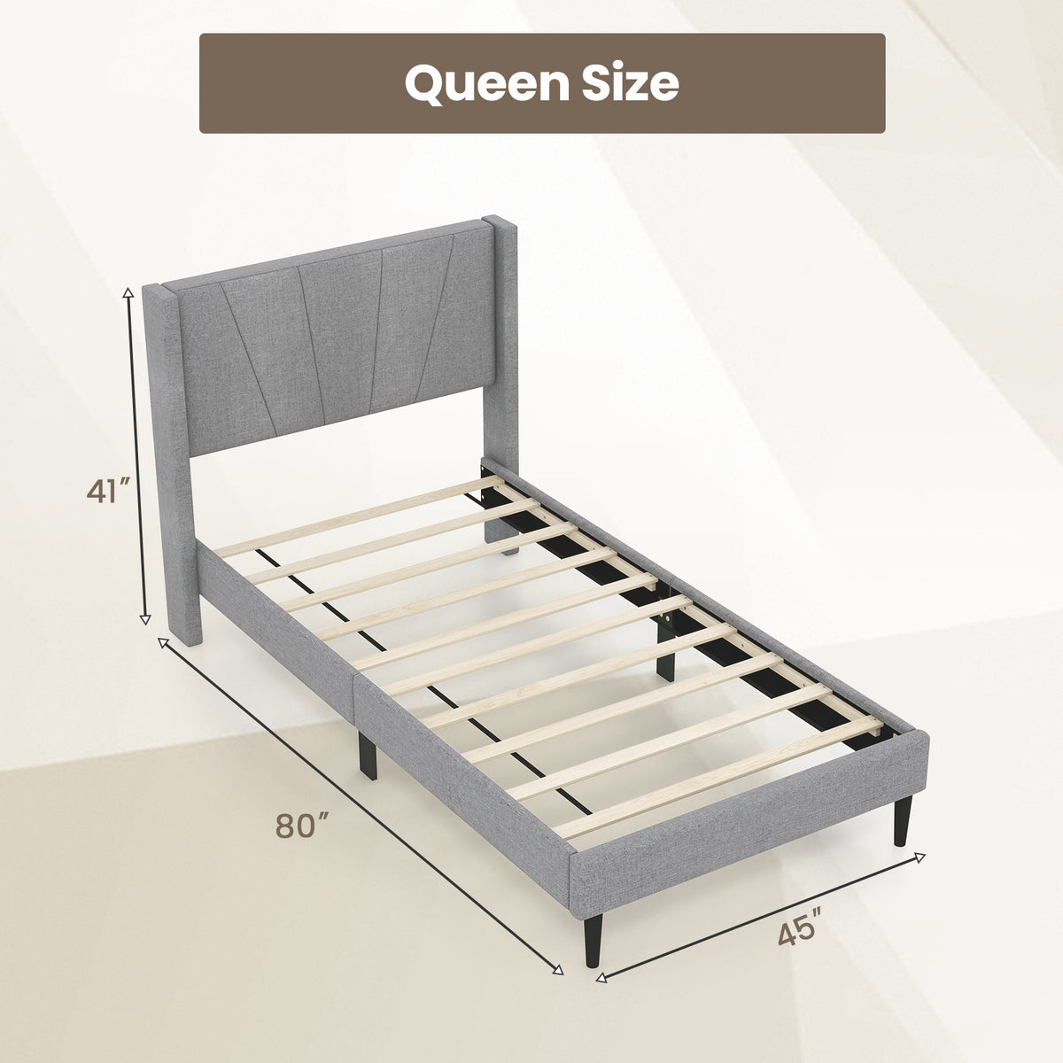 Twin/Queen Bed Frame with Linen Upholstered Wingback Headboard-Twin Size-Simple Bed Frame-DECOROLALA