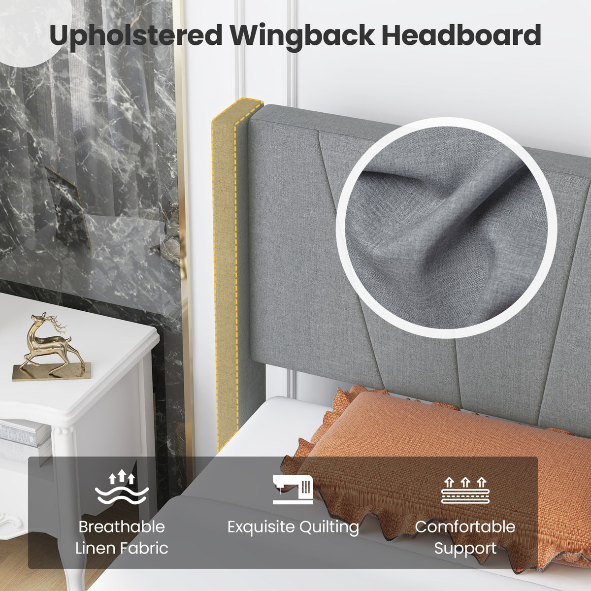 Twin/Queen Bed Frame with Linen Upholstered Wingback Headboard-Twin Size-Simple Bed Frame-DECOROLALA