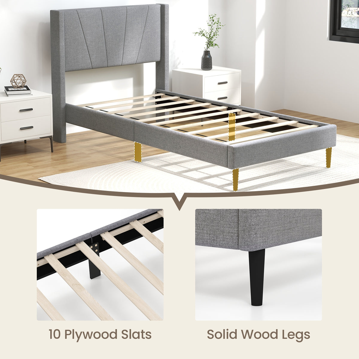 Twin/Queen Bed Frame with Linen Upholstered Wingback Headboard-Twin Size-Simple Bed Frame-DECOROLALA