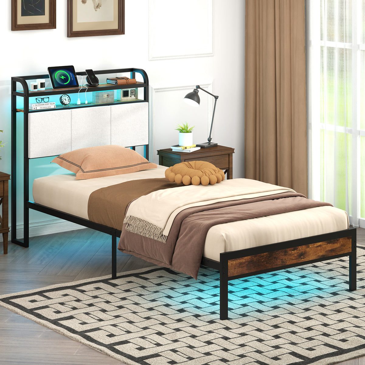 Bed Frame with LED Light and Charging Station-Simple Bed Frame-DECOROLALA