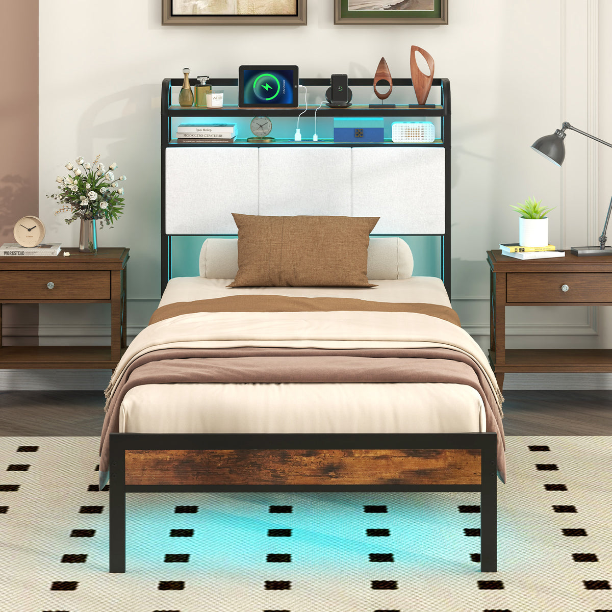 Bed Frame with LED Light and Charging Station-Simple Bed Frame-DECOROLALA