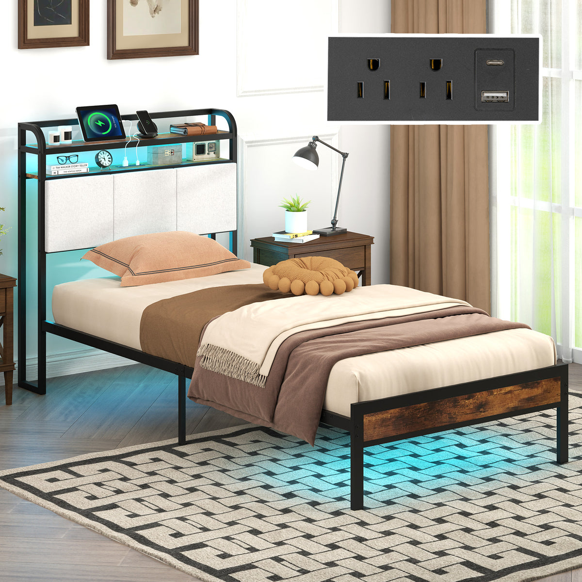 Bed Frame with LED Light and Charging Station-Simple Bed Frame-DECOROLALA