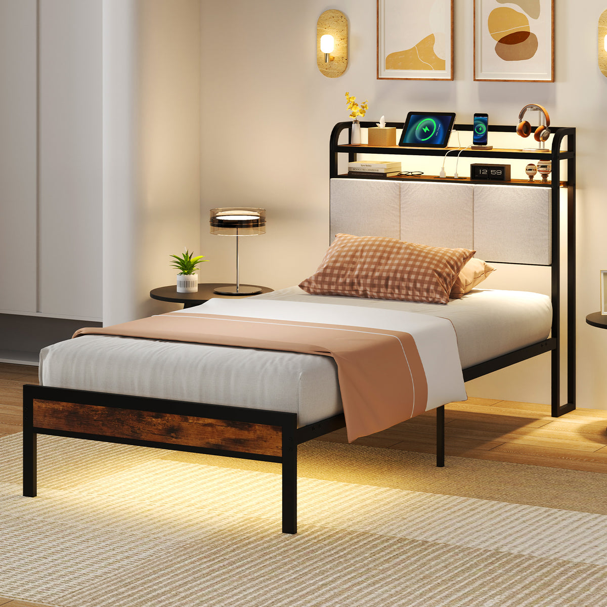 Bed Frame with LED Light and Charging Station-Simple Bed Frame-DECOROLALA