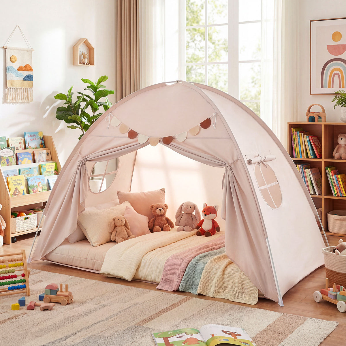 Tente à baldaquin d'intérieur pour enfants, taille double, avec 2 fenêtres et adaptée aux enfants de 3 ans et plus