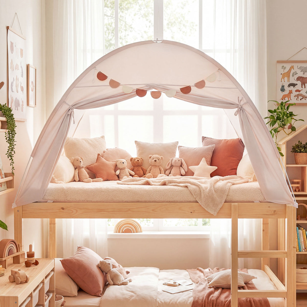 Tente à baldaquin d'intérieur pour enfants, taille double, avec 2 fenêtres et adaptée aux enfants de 3 ans et plus