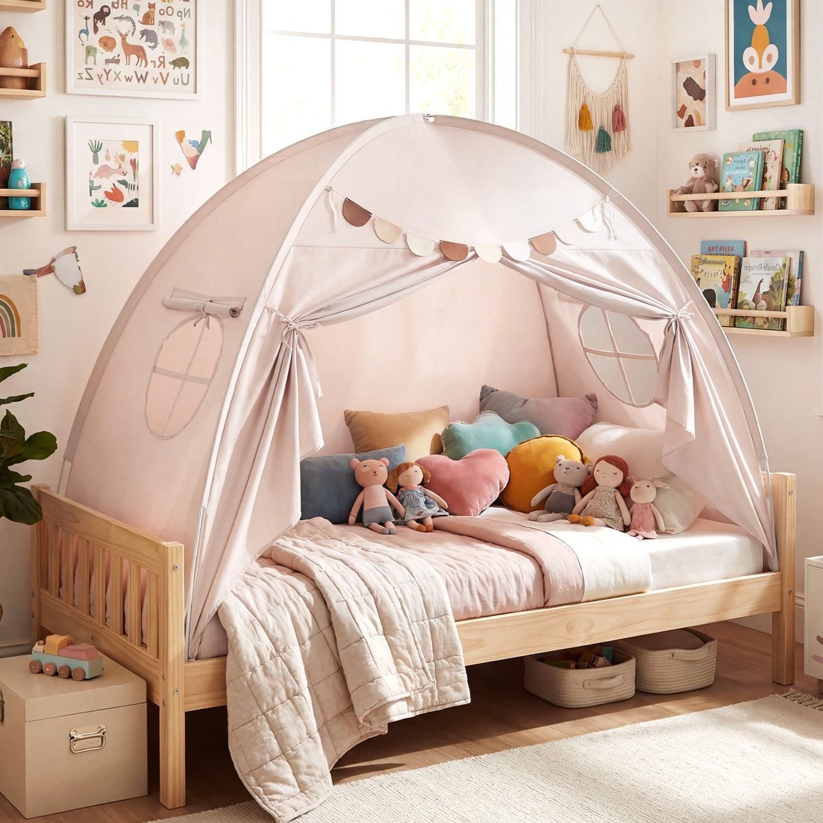 Tente à baldaquin d'intérieur pour enfants, taille double, avec 2 fenêtres et adaptée aux enfants de 3 ans et plus