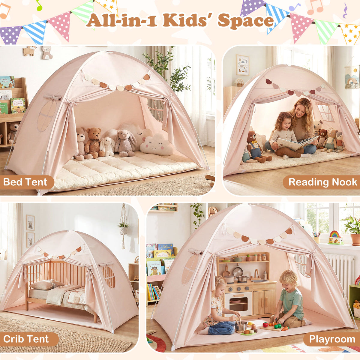 Tente à baldaquin d'intérieur pour enfants, taille double, avec 2 fenêtres et adaptée aux enfants de 3 ans et plus