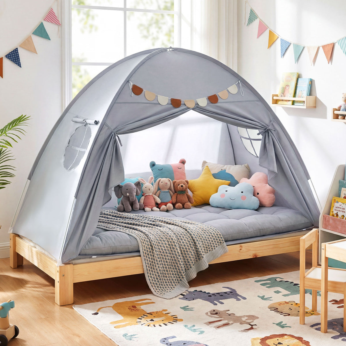 Tente à baldaquin d'intérieur pour enfants, taille double, avec 2 fenêtres et adaptée aux enfants de 3 ans et plus