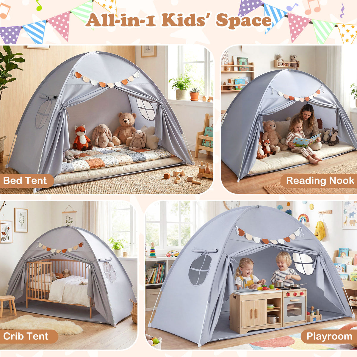 Tente à baldaquin d'intérieur pour enfants, taille double, avec 2 fenêtres et adaptée aux enfants de 3 ans et plus