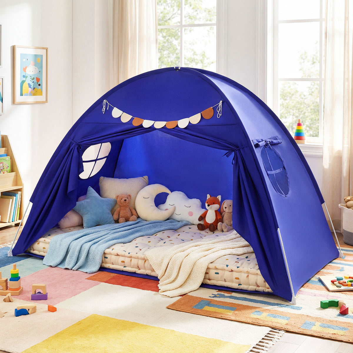 Tente à baldaquin d'intérieur pour enfants, taille double, avec 2 fenêtres et adaptée aux enfants de 3 ans et plus