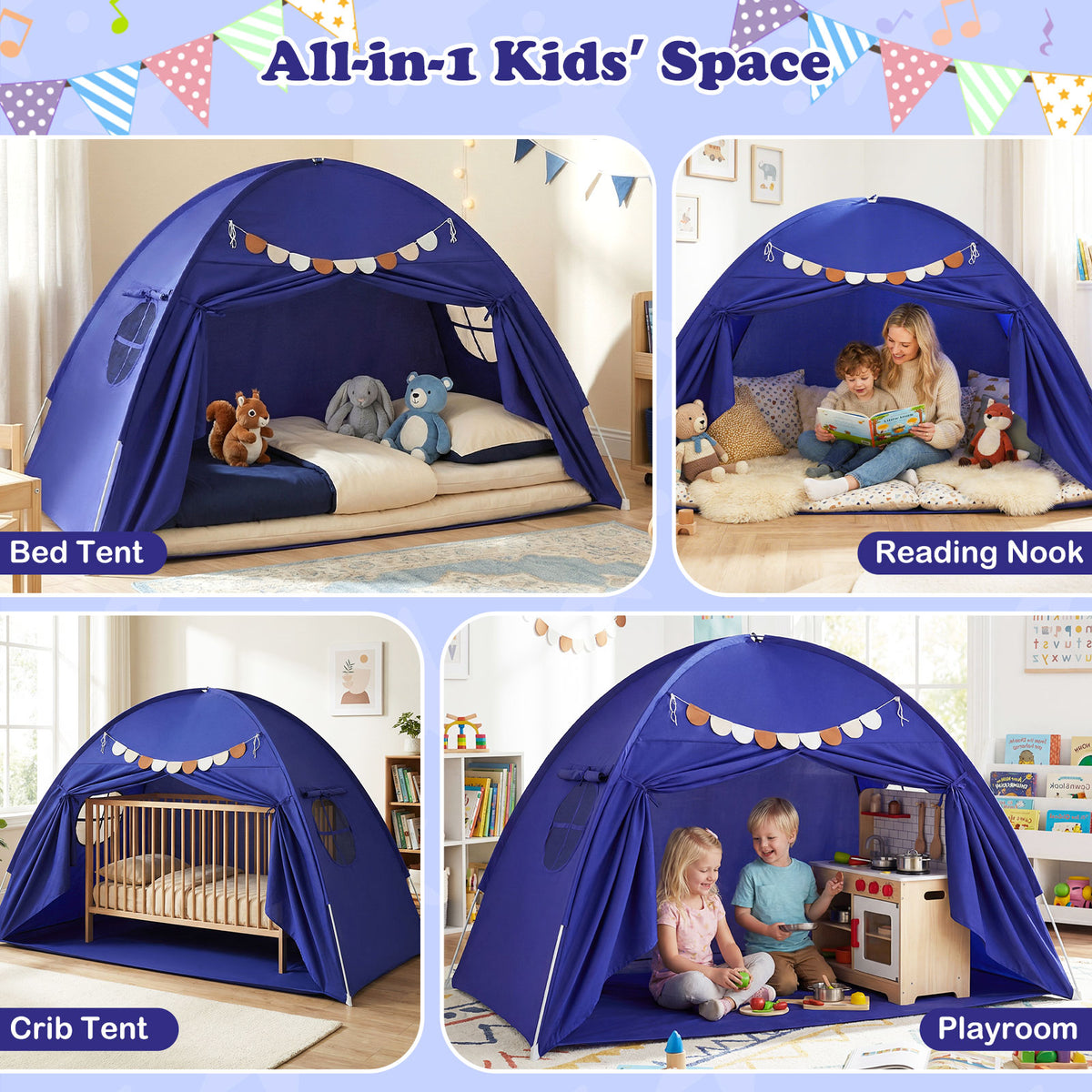 Tente à baldaquin d'intérieur pour enfants, taille double, avec 2 fenêtres et adaptée aux enfants de 3 ans et plus