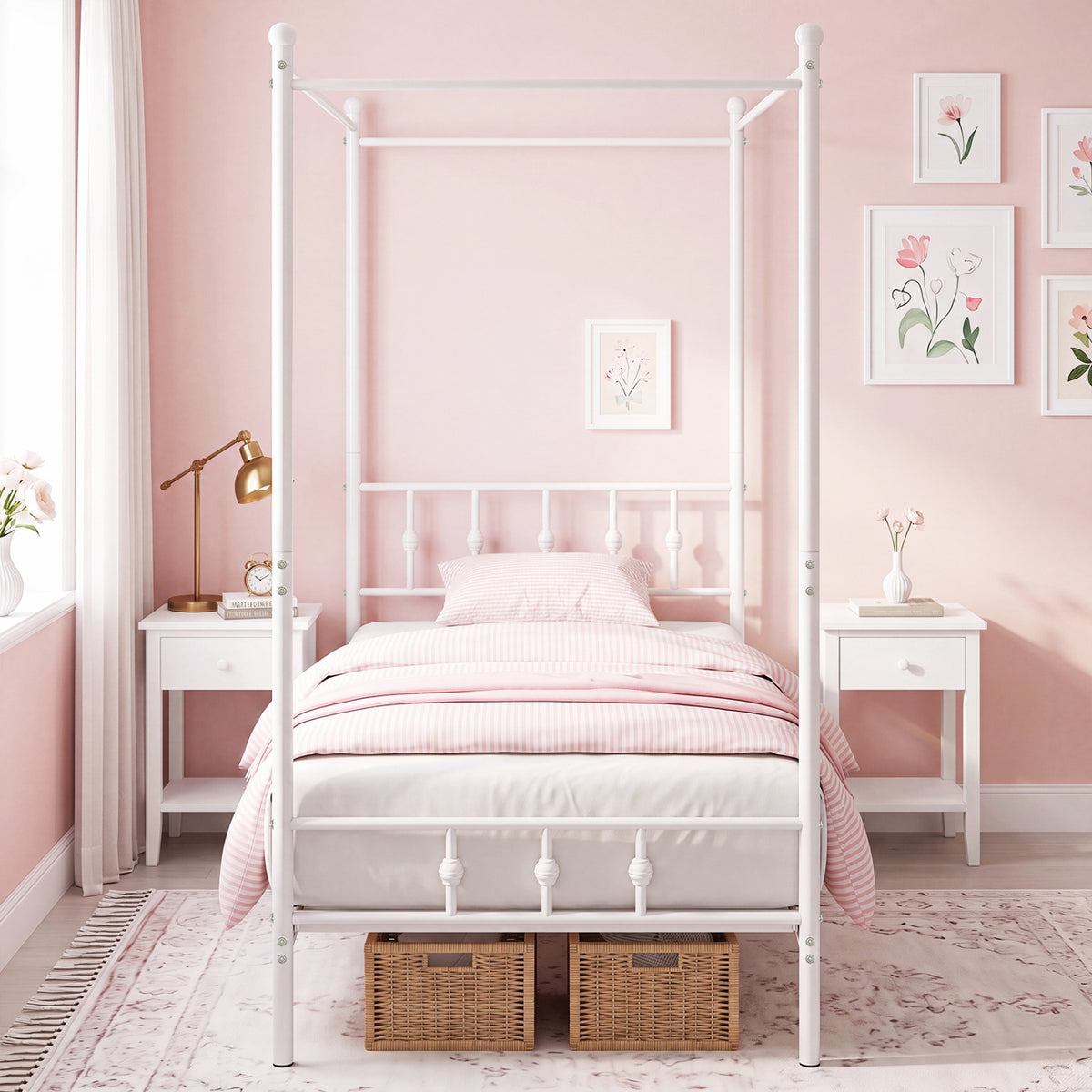 Twin Size Metal Canopy Bed Frame with Headboard and Footboard-White-Beds & Bed Frames-DECOROLALA