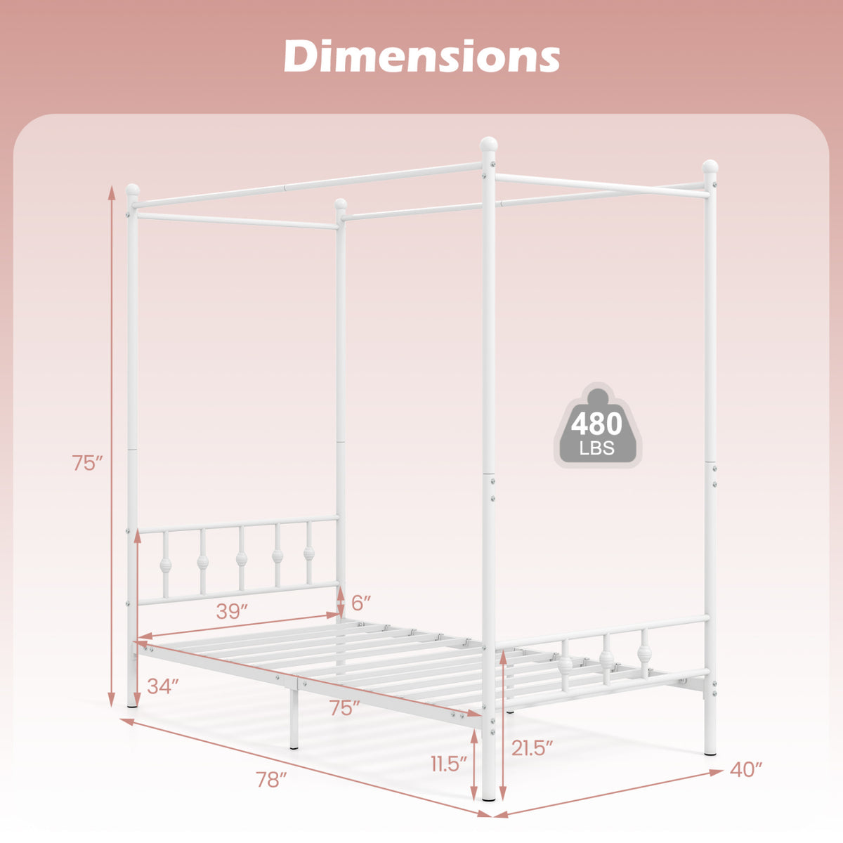 Twin Size Metal Canopy Bed Frame with Headboard and Footboard-White-Beds & Bed Frames-DECOROLALA