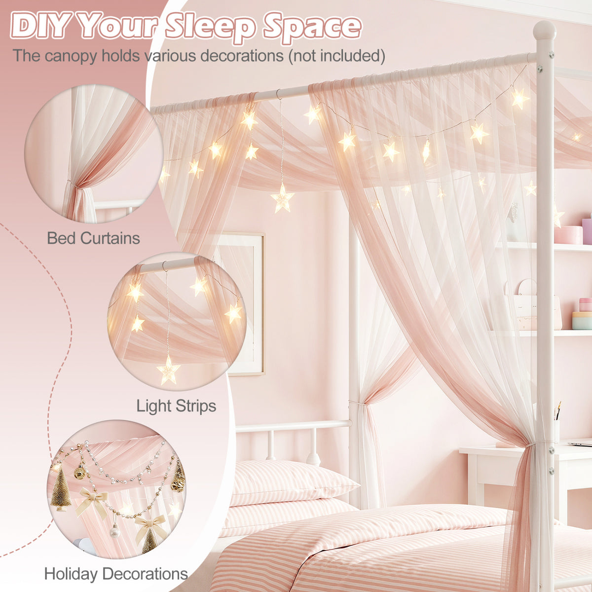 Twin Size Metal Canopy Bed Frame with Headboard and Footboard-White-Beds & Bed Frames-DECOROLALA