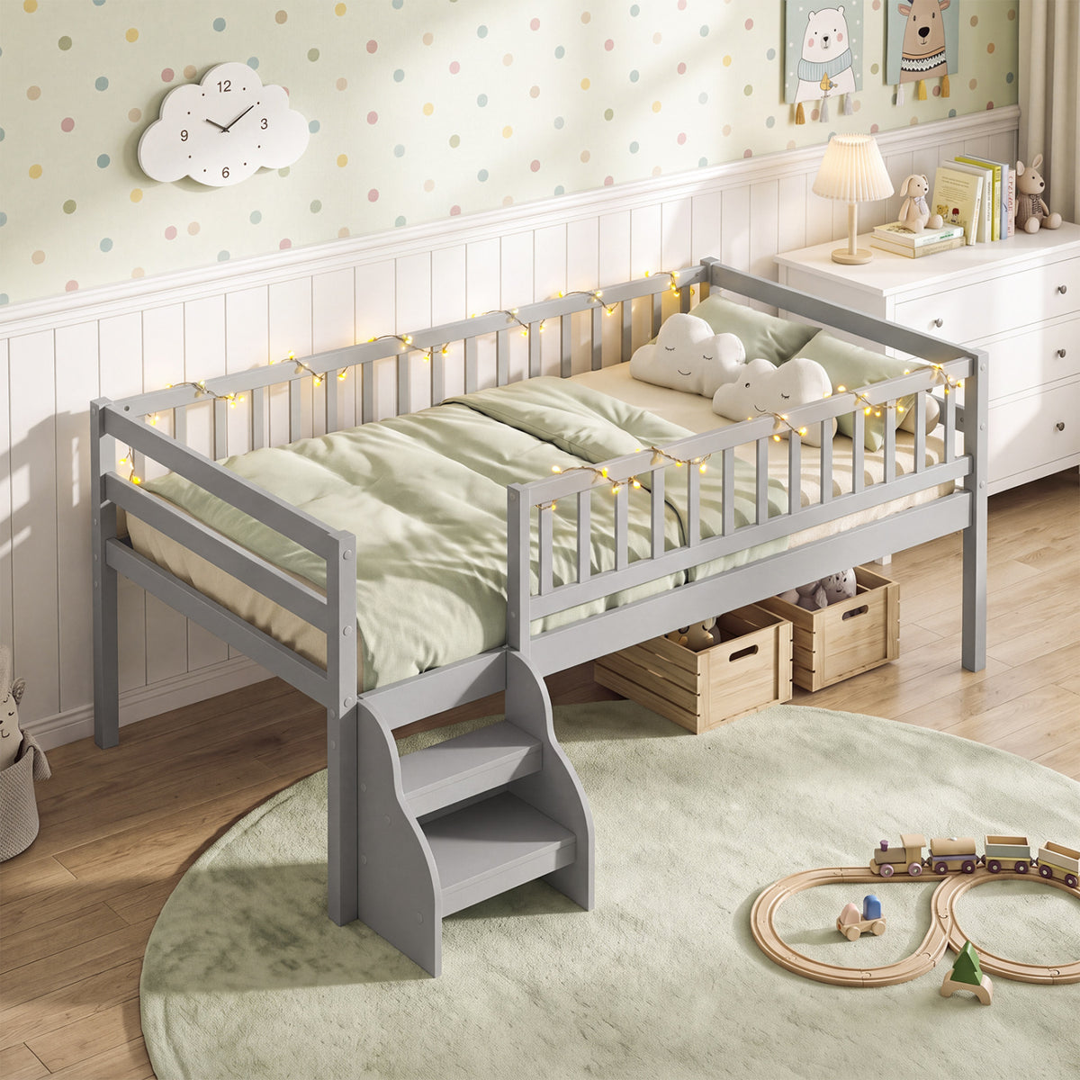Twin Size Montessori Bed with Stairs and Guardrails-Gray-Beds & Bed Frames-DECOROLALA