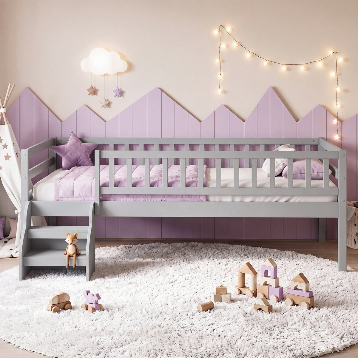 Twin Size Montessori Bed with Stairs and Guardrails-Gray-Beds & Bed Frames-DECOROLALA