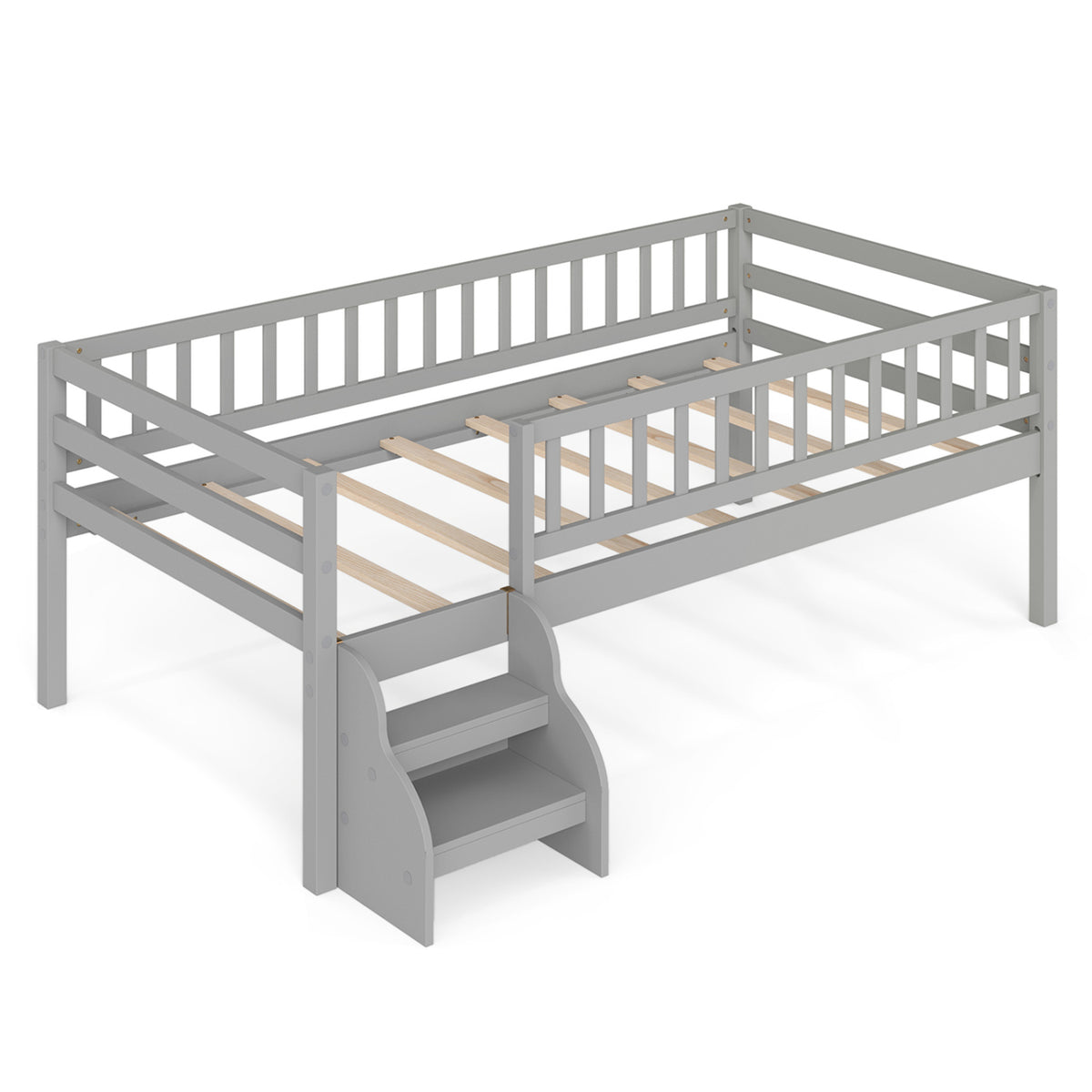 Twin Size Montessori Bed with Stairs and Guardrails-Gray-Beds & Bed Frames-DECOROLALA