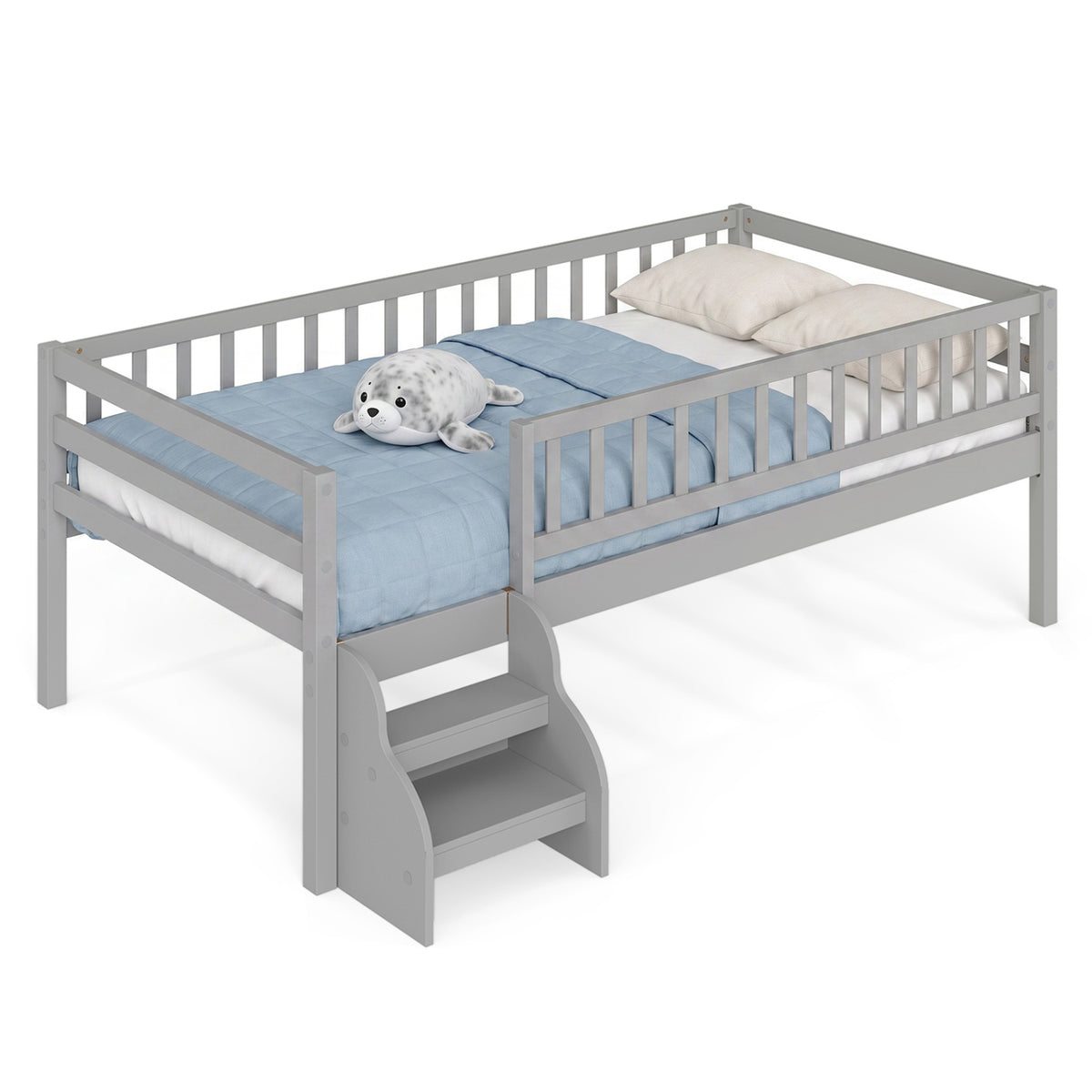 Twin Size Montessori Bed with Stairs and Guardrails-Gray-Beds & Bed Frames-DECOROLALA