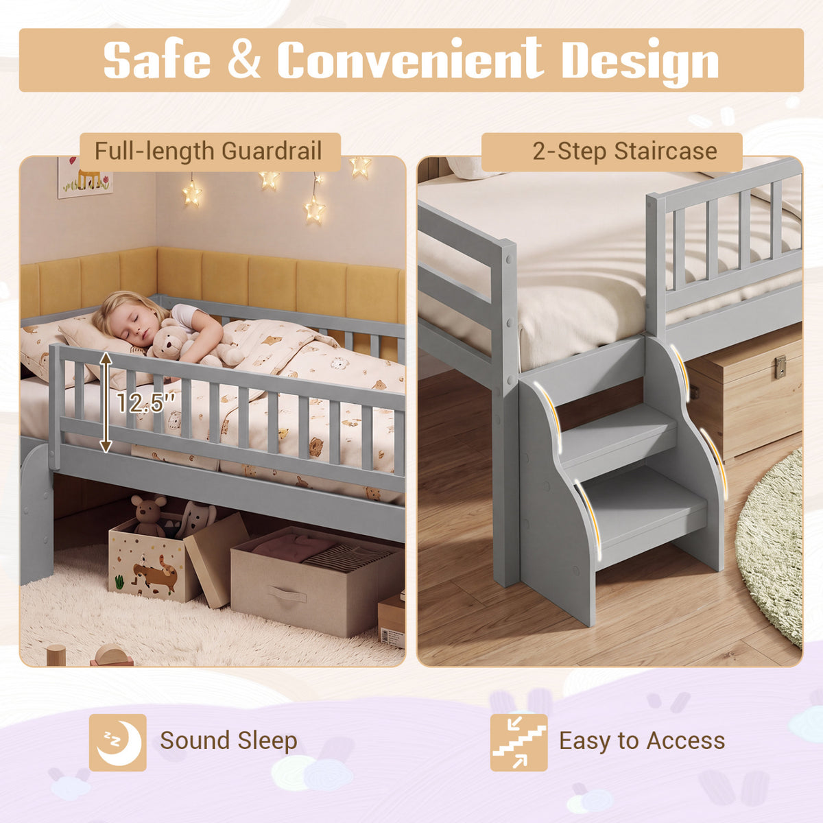 Twin Size Montessori Bed with Stairs and Guardrails-Gray-Beds & Bed Frames-DECOROLALA