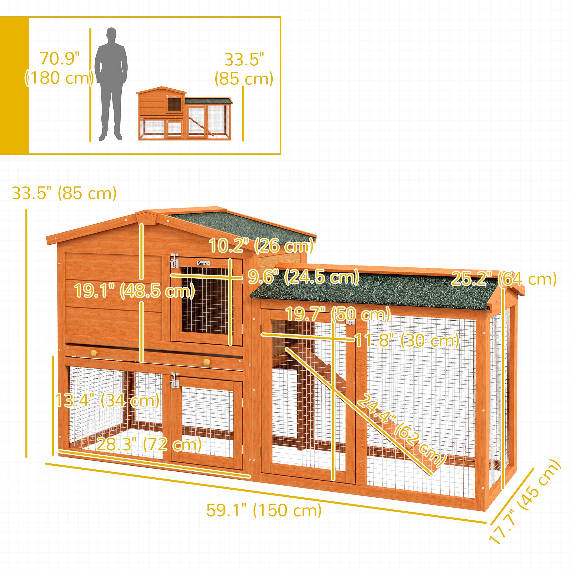 Two-Level Rabbit Hutch Small Animal House Pet Bunny Cage Home w/ Outdoor Run Water & UV Resistant Roof Access Ramp-Small Animals-DECOROLALA