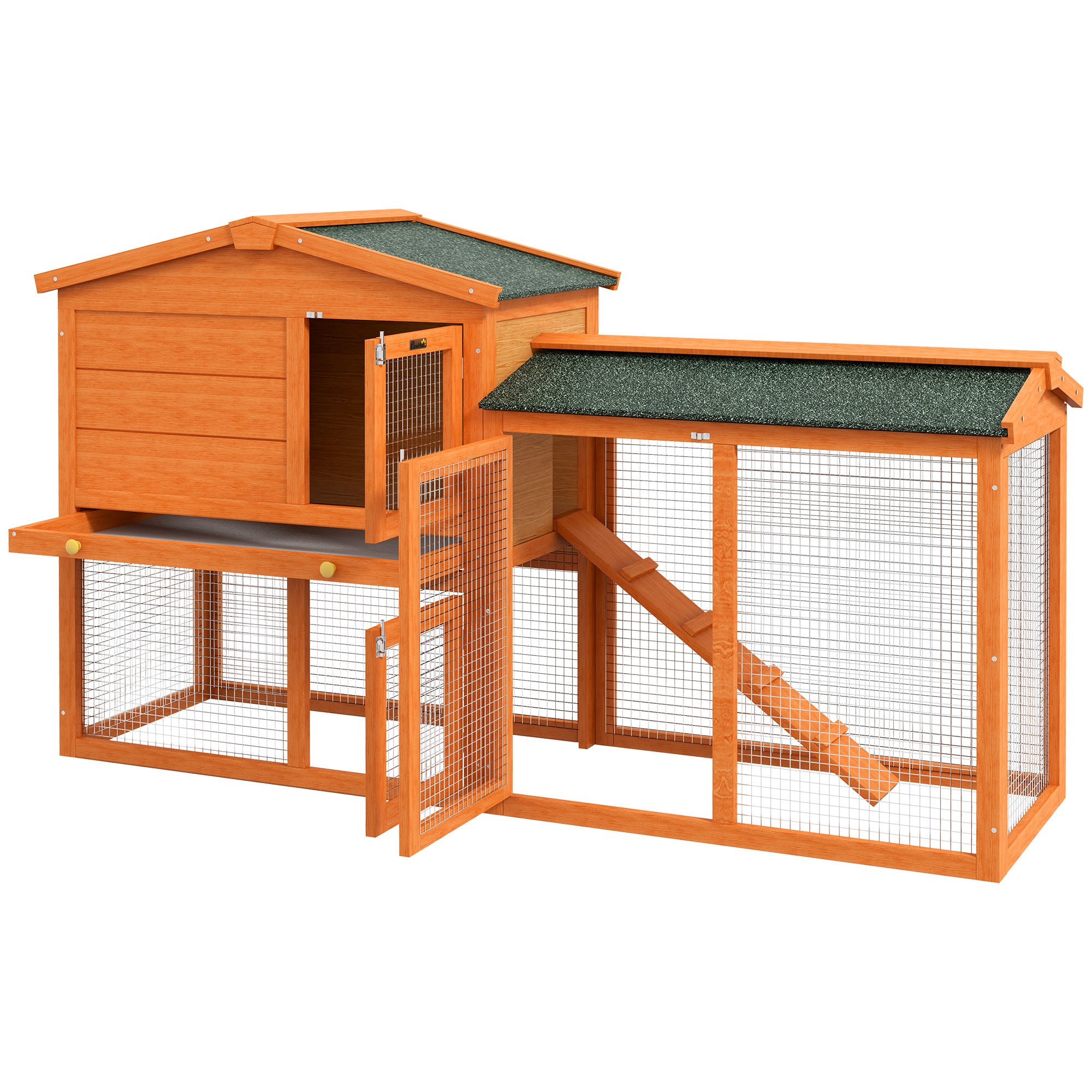 Two-Level Rabbit Hutch with Outdoor Run - Orange and Green-Small Animals-DECOROLALA