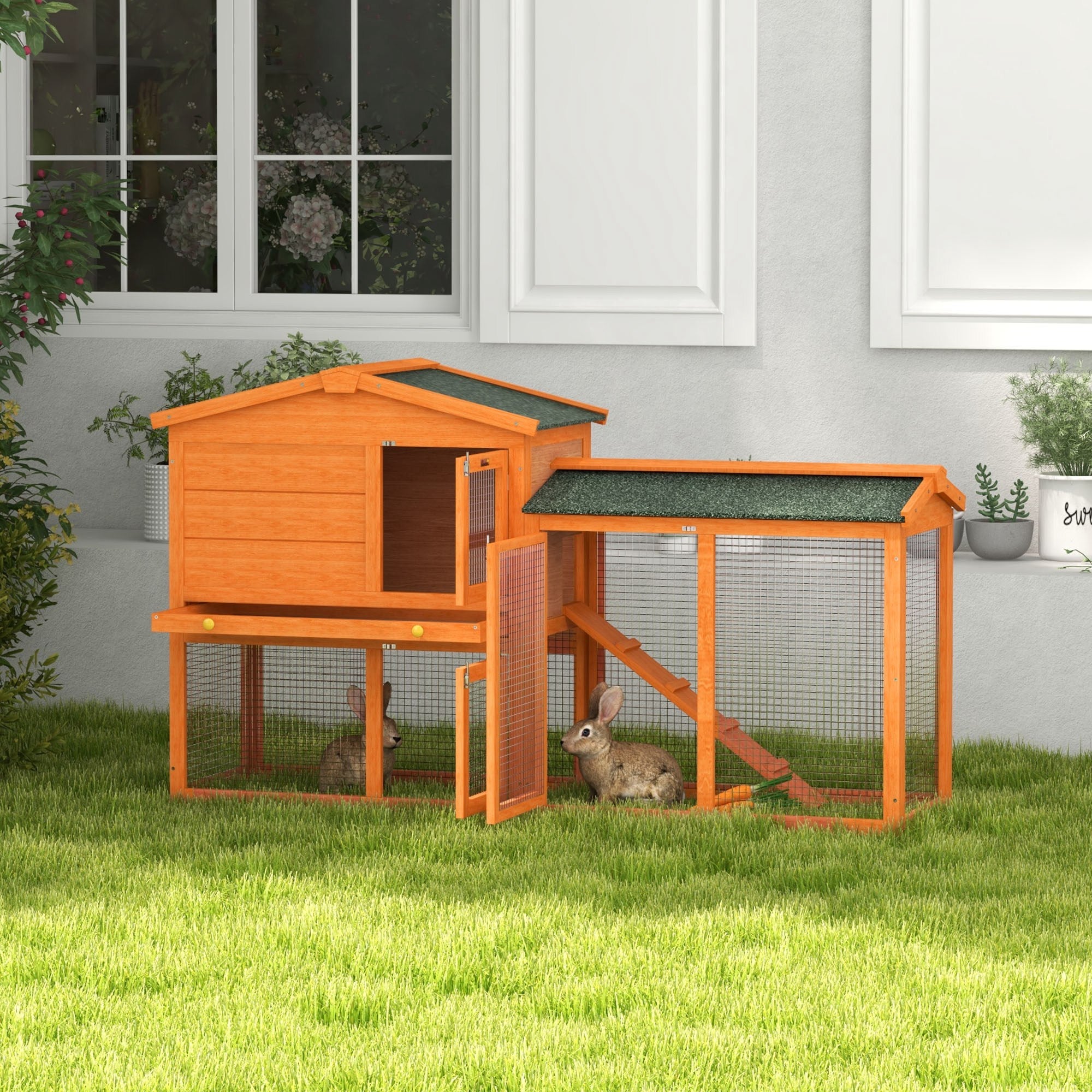 Two-Level Rabbit Hutch with Outdoor Run - Orange and Green-Small Animals-DECOROLALA