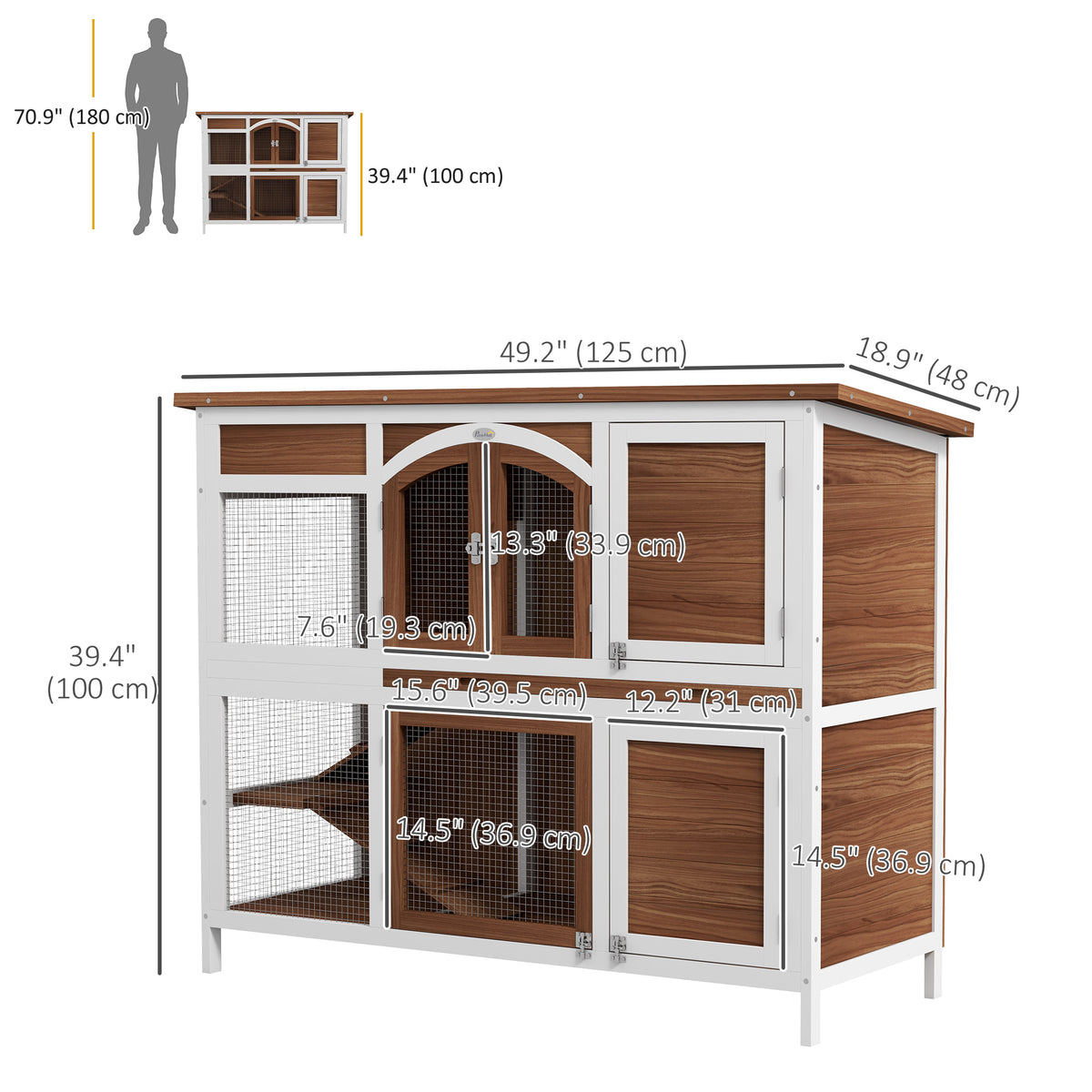 Two-Tier Wooden Outdoor Rabbit Hutch - Brown 49"L x 39"H-Small Animals-DECOROLALA