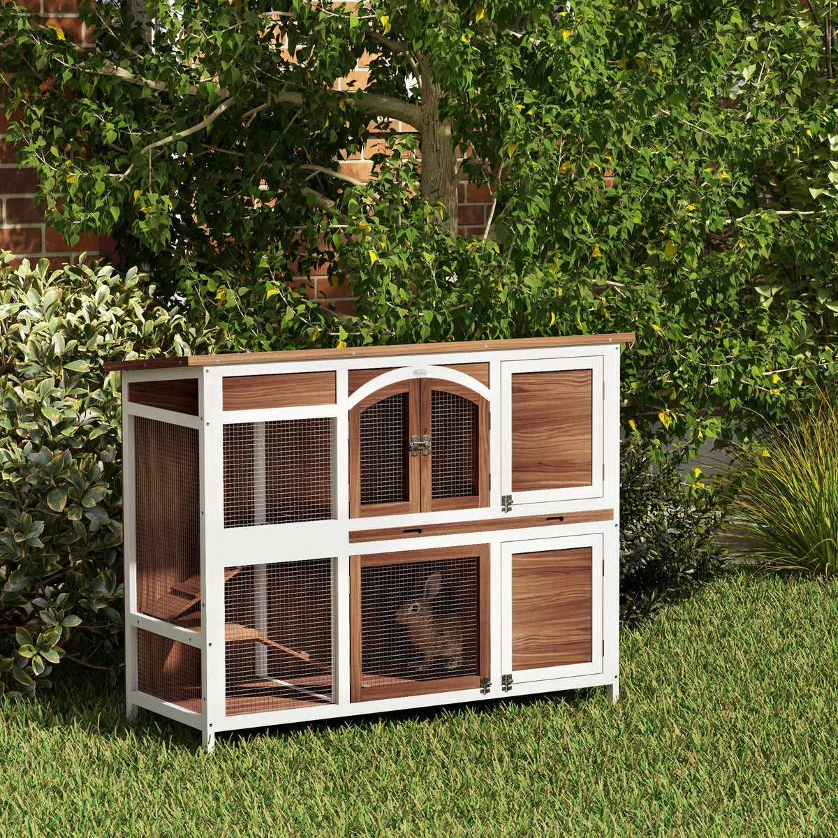 Two-Tier Wooden Outdoor Rabbit Hutch - Brown 49"L x 39"H-Small Animals-DECOROLALA