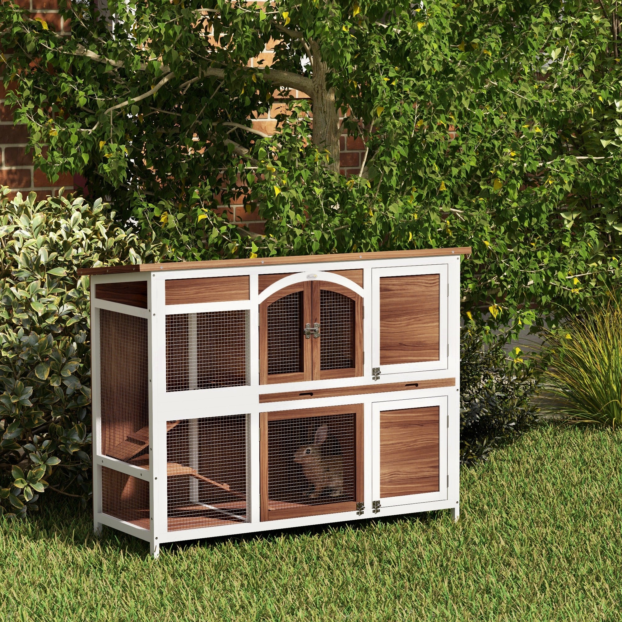 Two-Tier Wooden Outdoor Rabbit Hutch - Brown 49"L x 39"H-Small Animals-DECOROLALA