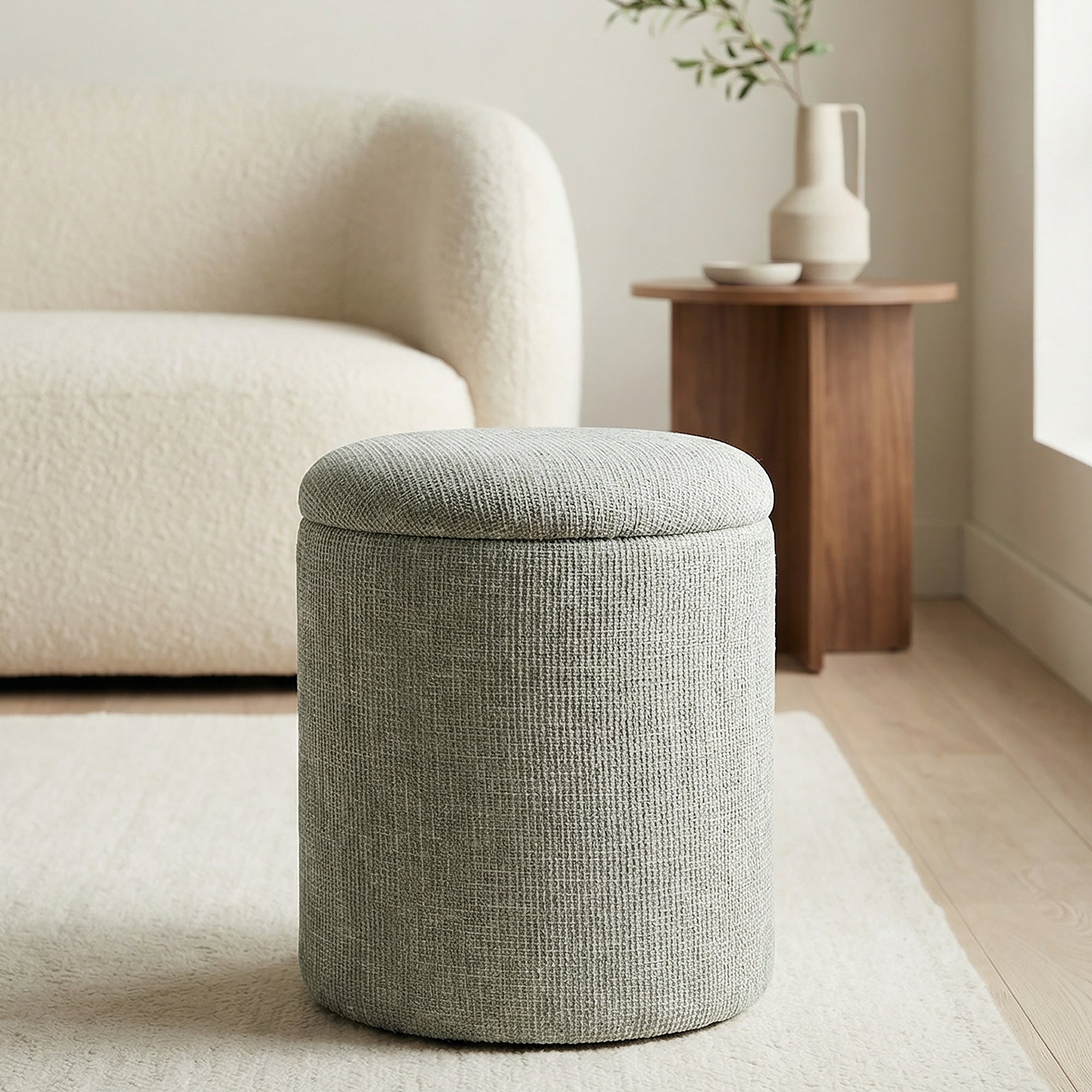 Twyla Round Storage Ottoman - Sage Chenille Fabric-DECOROLALA
