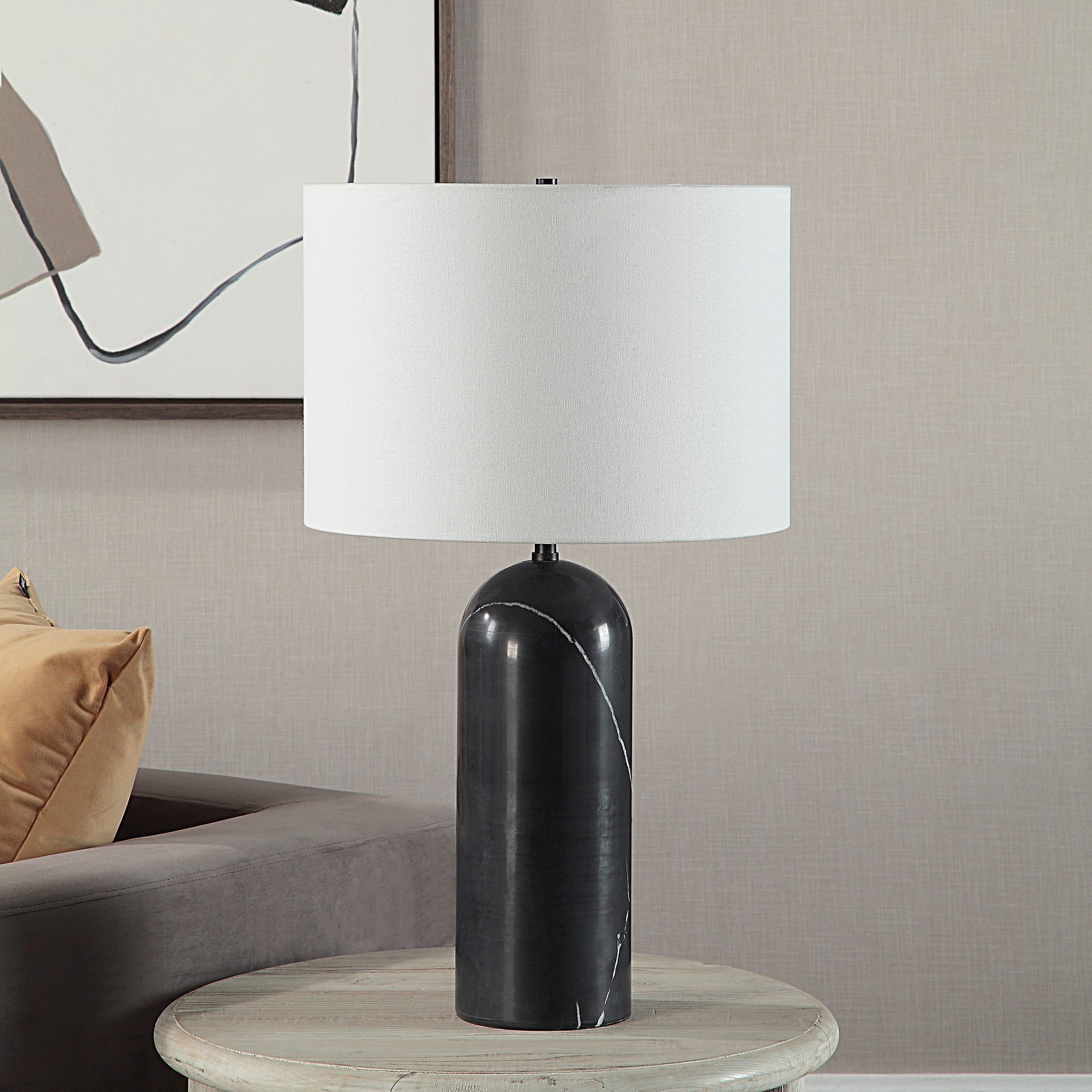 Tyne 25" Tall Powder Coated Matte Black Iron Table Lamp with Drum Linen Shade-Table Lamp-DECOROLALA