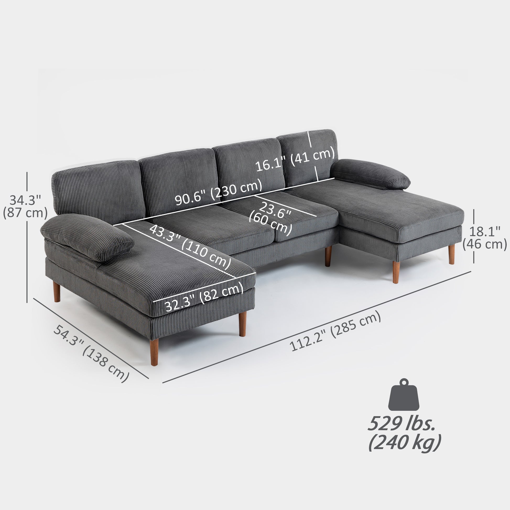 U-Shape Corduroy Sofa Dark Grey 112"-DECOROLALA