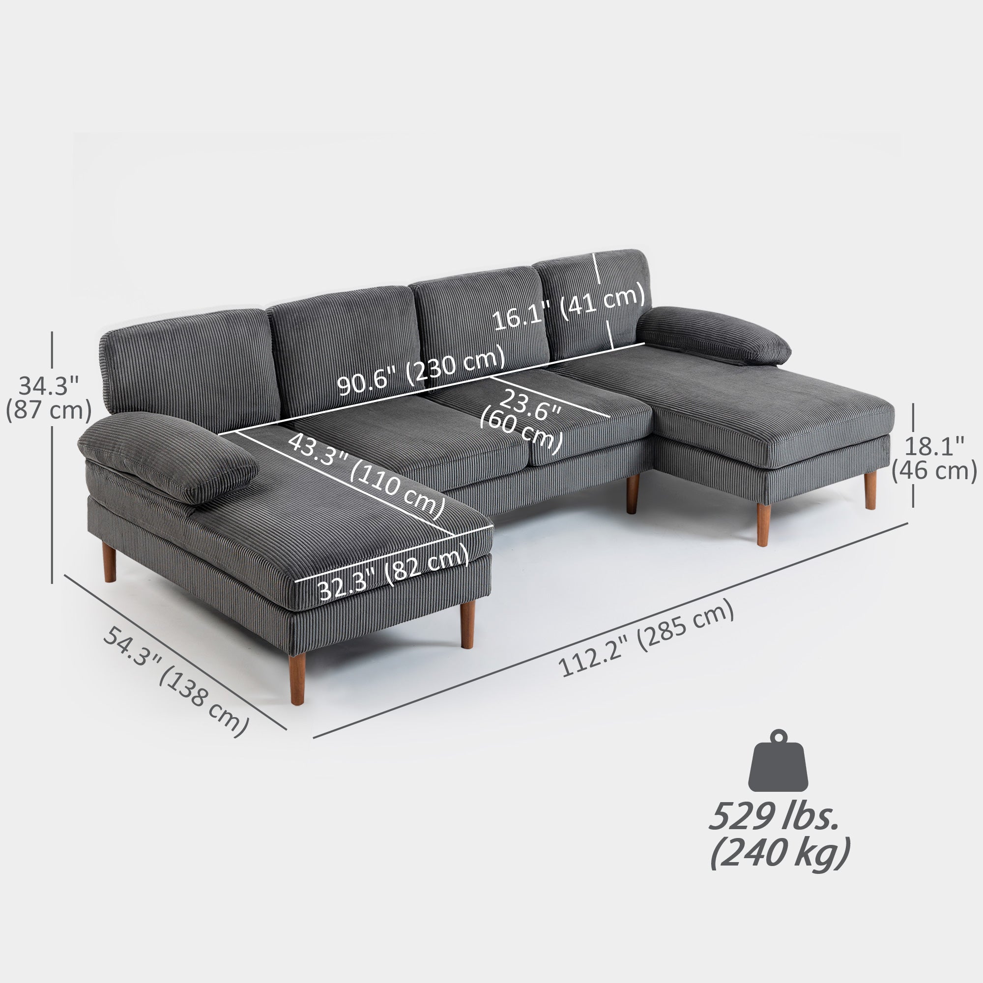 U-Shape Corduroy Sofa Dark Grey 112"-DECOROLALA