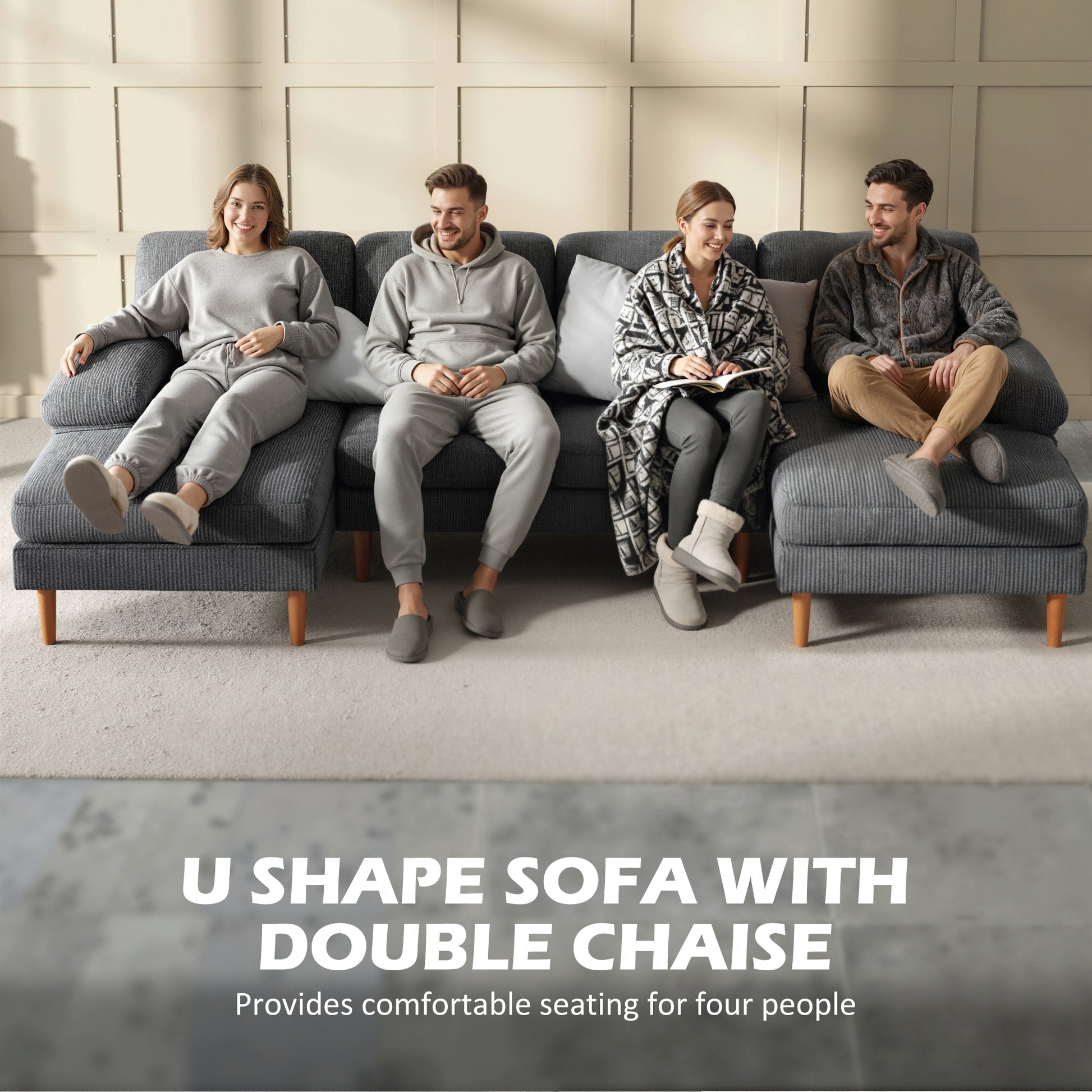 U-Shape Corduroy Sofa Dark Grey 112"-DECOROLALA