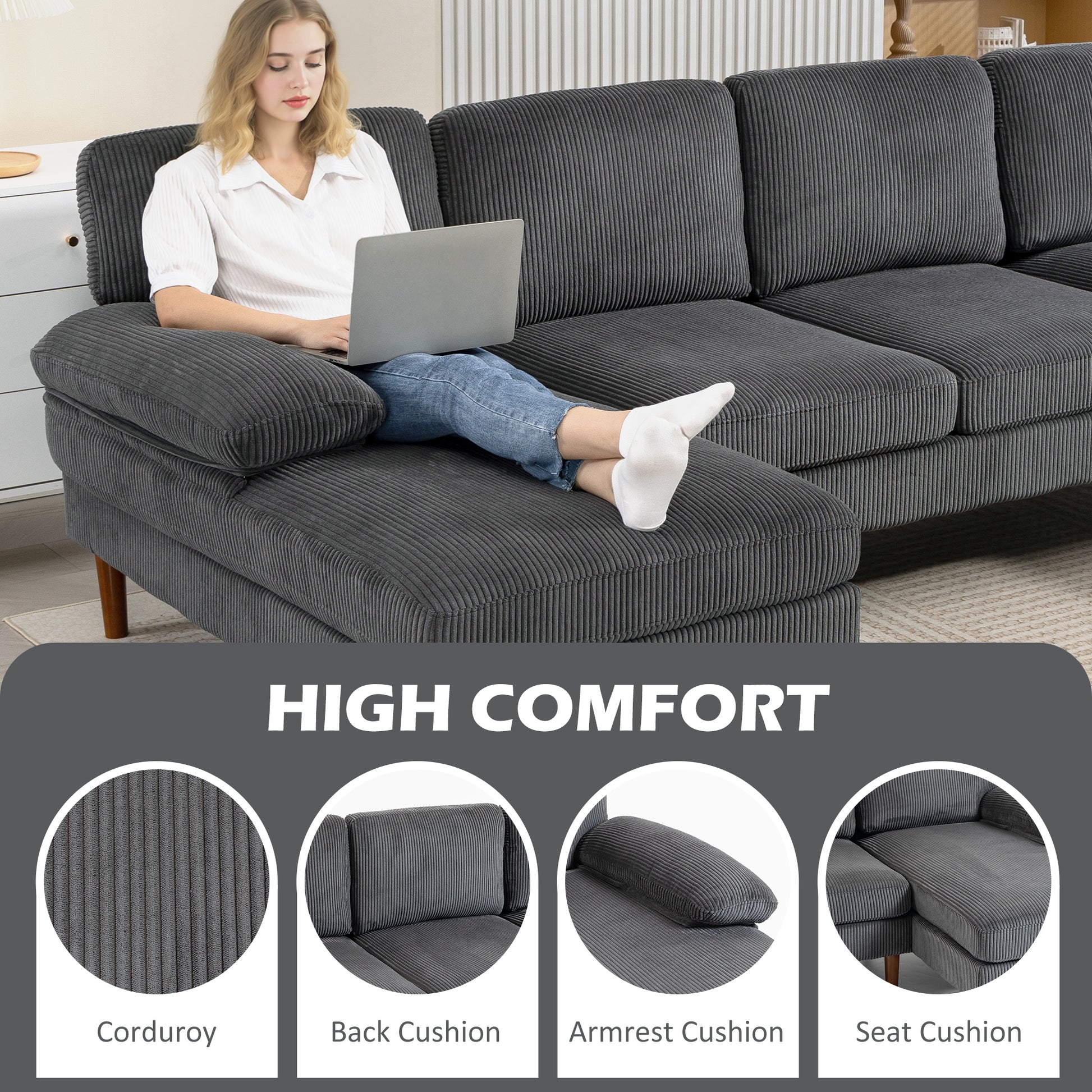 U-Shape Corduroy Sofa Dark Grey 112"-DECOROLALA